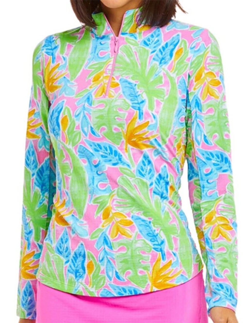 IBKUL Allie Shirt Womens Small Tropical Floral Mock Neck UPF 50+ Golf Top